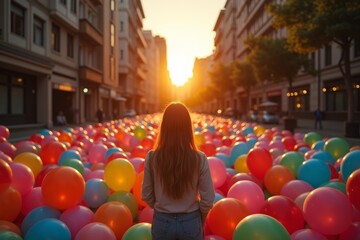 Woman surrounded by colorful balloons in empty city street at sunset captured from above.