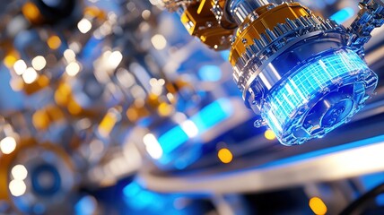 Futuristic blue and orange industrial machinery with neon lights showcasing advanced robotics and cutting-edge technology design. Robotics and automation