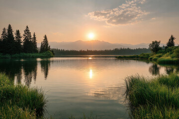Obraz premium breathtaking summer sunset over majestic waterfall in british columbia surrounded by lush greenery and towering