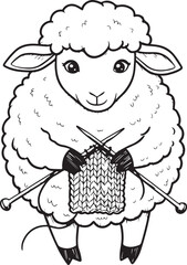 A black and white cartoon sketch of a fluffy sheep holding knitting needles