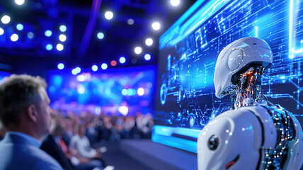 Futuristic robotics conference, male audience engaging with advanced artificial intelligence demonstration featuring humanoid robot technology. Robotics and automation