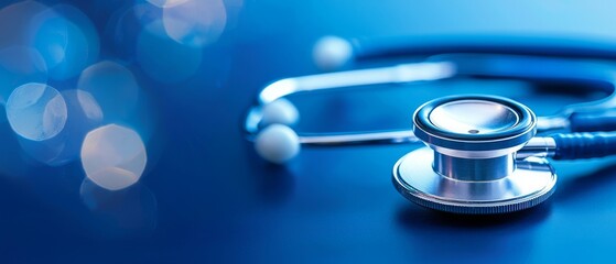 A stethoscope rests on a blue surface, symbolizing healthcare and medical practice in a clean, clinical setting.
