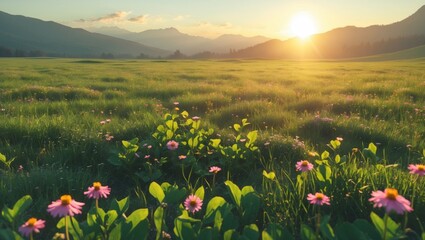 Fototapeta premium A vast, green meadow at sunrise, with colorful wildflowers scattered across the grass. The sun is rising on the horizon, casting a soft golden light over the entire landscape. Mountains in distance