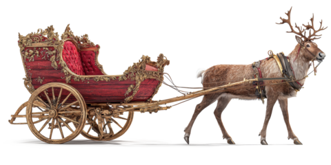 A small sleigh with red wooden body and gold runners with Reindeer pulling a cart. ultra realistic, white seamless background, soft shadows, high detail,
