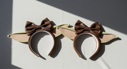 Two whimsical deer ear headbands with brown bows cast shadows on white surface