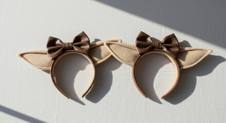 Two Brown Bow and Ear Headbands on White Surface with Shadow Play