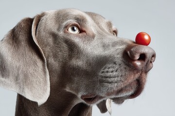 Elegant Weimaraner dog with broccoli on head, minimalist studio portrait with soft lighting.