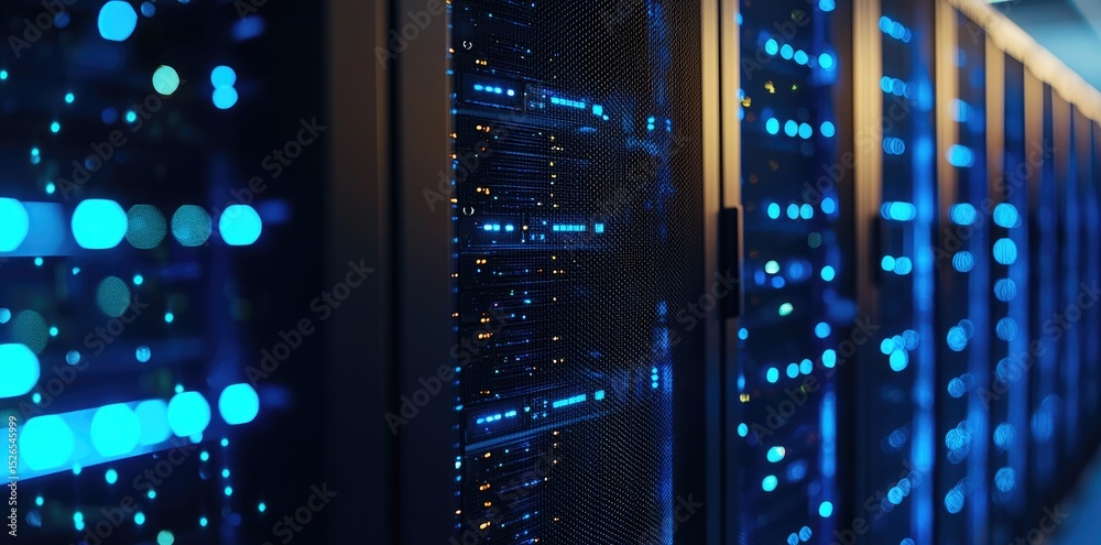 Aufkleber Close-up view of glowing server racks with blue lights and blurred background, ideal for cybersecurity visuals, cloud storage themes, data infrastructure, or futuristic network technology illustration