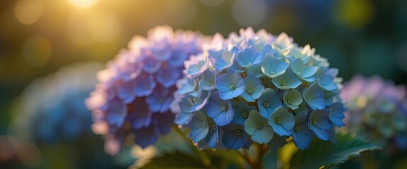 Close-Up of Hydrangea Flowers in Bloom &ndash; Vibrant Blue, Purple, and Green Hues with Warm Golden Hour Glow and Dreamy Bokeh Background