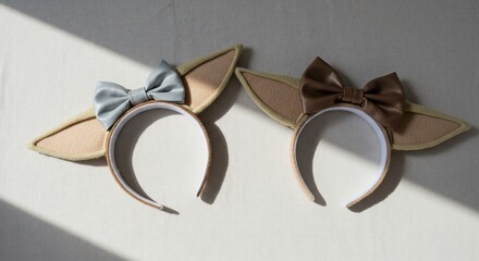 Two whimsical fawn ear headbands with bows, one silver, one brown, on white surface