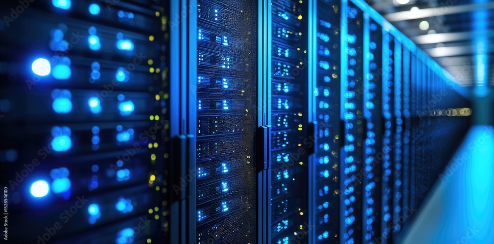 Poster close-up angle of illuminated server racks with glowing blue and yellow status lights, perfect for d