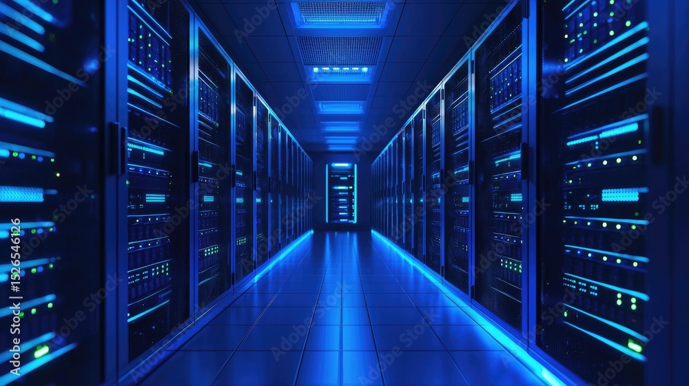 Poster dimly lit server room with glowing blue and green indicators on hardware racks, ideal for illustrati