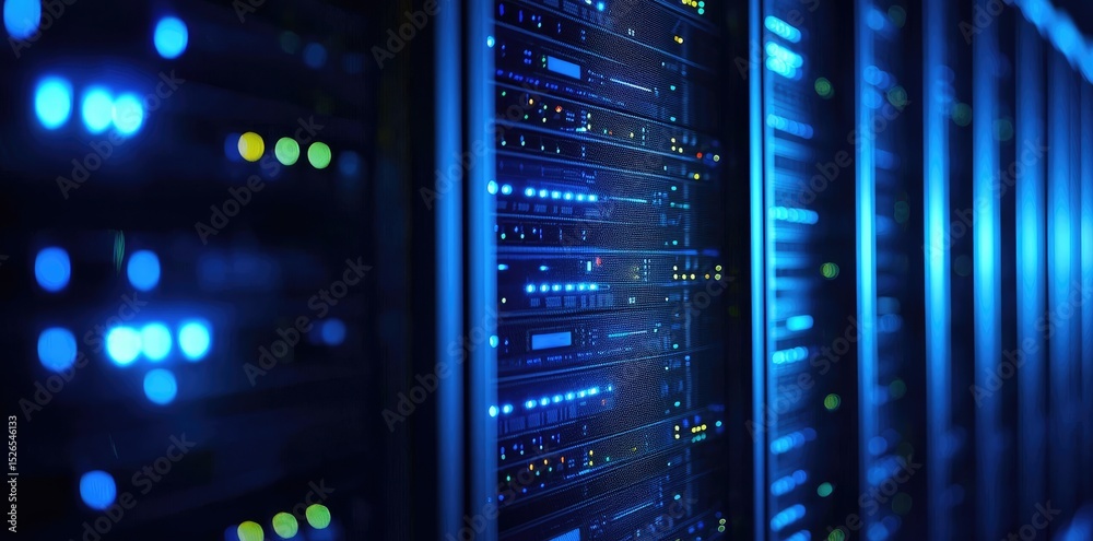 Leinwandbilder detailed side view of server racks with glowing blue and green indicators, ideal for showcasing clou
