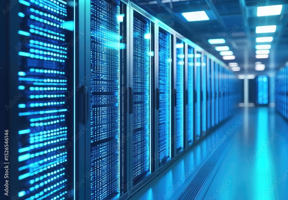 Poster blue glowing server racks in a modern data center hallway, great for illustrating cloud hosting, it 
