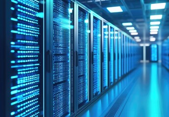 Fototapeta premium Blue glowing server racks in a modern data center hallway, great for illustrating cloud hosting, IT infrastructure, cybersecurity systems, high performance computing, and digital technology solutions