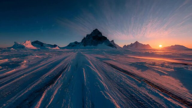 Majestic sunrise over icy mountains with sprawling snowfields at dawn illuminating the landscape