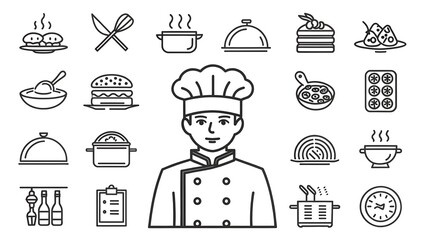 "Essential Kitchen Tools and Ingredients with Chef Illustration"