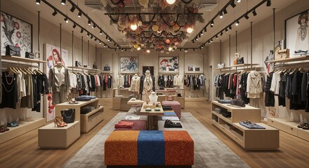 Upscale Boutique Interior with Artistic Ceiling Decor and Designer Clothing