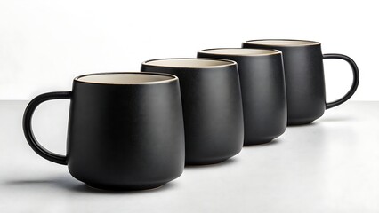 "Elegant Black Ceramic Mugs with Matte Finish in Diagonal Arrangement"