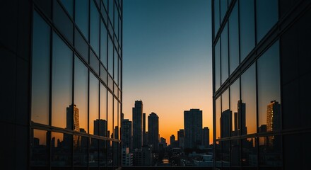 Urban sunset reflected in glass buildings, creating a symmetrical cityscape view