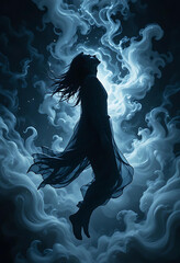 A woman in a black dress soaring gracefully through the air against a clear blue sky.