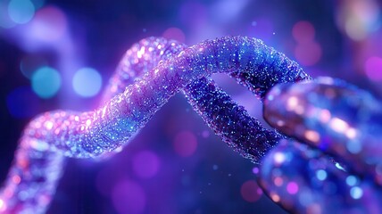 Vibrant abstract dna strand in neon purple and blue lights set against a futuristic blurred background with sparkling details. Robotics and automation