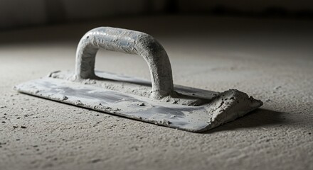 Used plastering trowel covered in dried cement on a concrete surface, construction tool