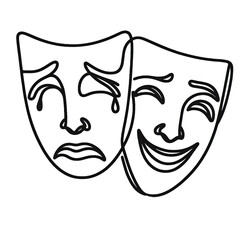 simple continuous one line drawing of comedy and tragedy masks Transparent background PNG image