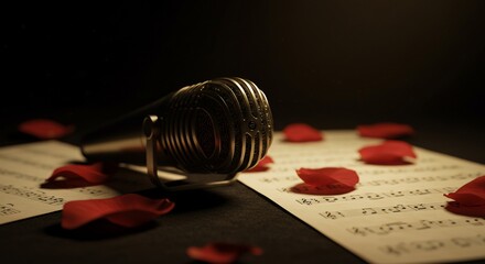 Vintage microphone resting on sheet music scattered with delicate red rose petals