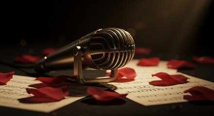 Vintage Microphone on Sheet Music with Scattered Red Rose Petals in Soft Lighting