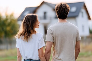 Couple standing hand in hand, looking at house in soft natural light