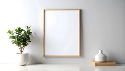 Minimalist styled blank frame rests on a white surface alongside a potted plant and small ceramic vase providing a serene, modern aesthetic for display.