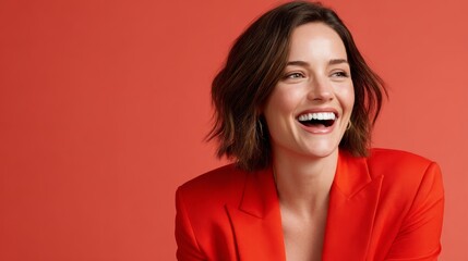 Fototapeta premium Confident young woman in vibrant red blazer laughing joyfully against coral background with copy space on the right for lifestyle campaign