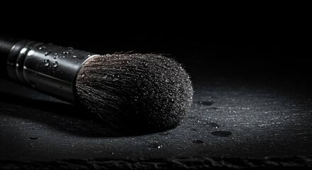 Wet Makeup Brush on Slate Surface in Dark Studio Lighting
