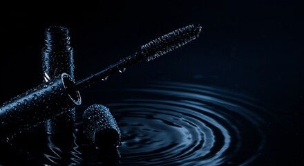Wet Mascara Wand and Bottle with Water Droplets on Rippling Surface