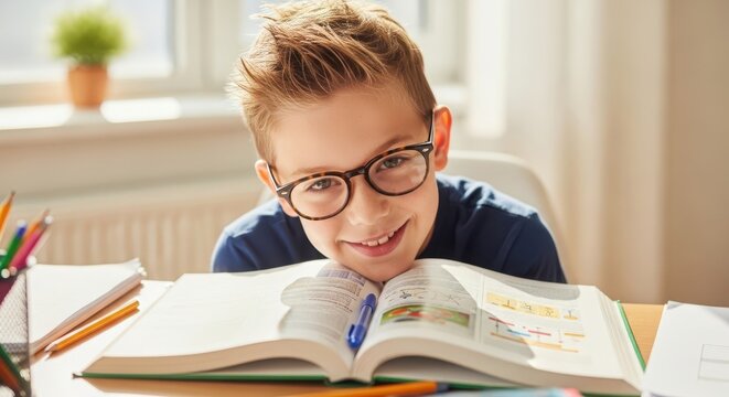 Smiling young Caucasian boy with glasses studying at a desk. Books and colorful pencils are visible. Bright indoor setting with natural light.