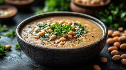 cream of bean soup, ingredients around, copy space, rustic background, side view.