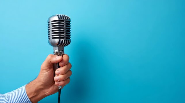 Hand holding vintage microphone against blue background symbolizing voice, free speech, and advocacy for activism and communication