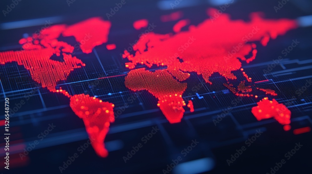 Poster a digital world map glowing in red with illuminated data points, symbolizing global connectivity and