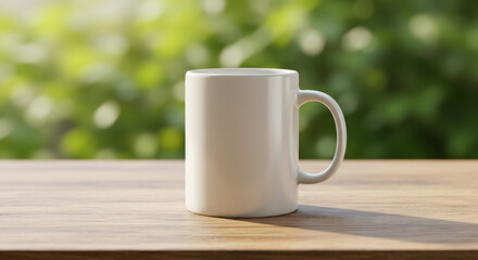 Morning Mug on Table: A pristine white mug sits invitingly on a rustic wooden table, bathed in soft, natural light with a blurred backdrop of vibrant green foliage.