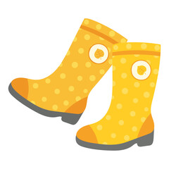 Yellow vector rubber boots decorated with polka dots and autumn leaves on white background