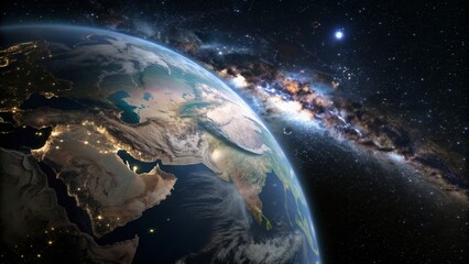 Obraz premium A stunning view of Earth from space showing the illuminated Middle East and South Asia with the Milky Way galaxy visible in the star-filled background.
