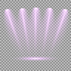 Purple light beam glowing on background. Lighting devices on a transparent background. Violet glow flare light effect. Light sources on dark wall, realistic soft concert light on abstract stage png.