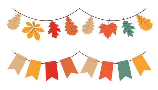 Autumn colorful vector garland with colorful leaves and small flags in fall colors