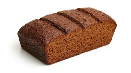 A loaf of dark brown bread with a textured surface, placed on a white background.