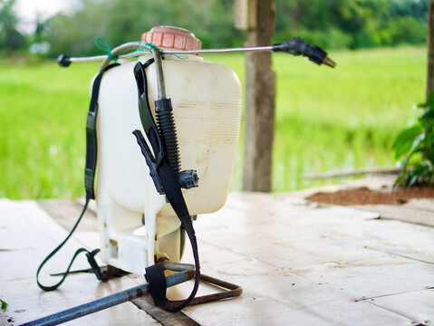 A traditional knapsack sprayer farmer&rsquo;s back type, ready to release a fine mist of pesticide or fertilizer over lush green rice fields