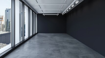 Minimalist empty room with black walls and city view, modern design setting