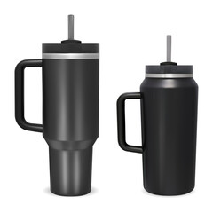 Travel mug, coffee drink thermo flask mockup. Hot or cold beverage stainless steel container. Tumbler thermos with handle, black plastic blank design. Insulated thermo cup, portable vacuum set