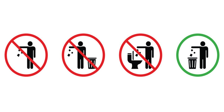 Trash can icon set. Toilet pictogram set with waste paper basket sign. No flush litter toilet sign set. Please do not throw pads towel paper in toilet. Vector illustration