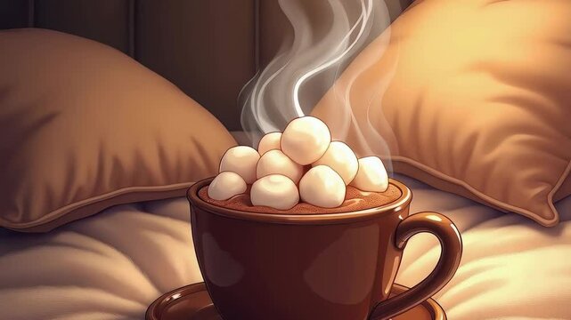 Warm cocoa with marshmallows steams invitingly on a cozy, rumpled bed between soft pillows. A comforting, relaxing scene